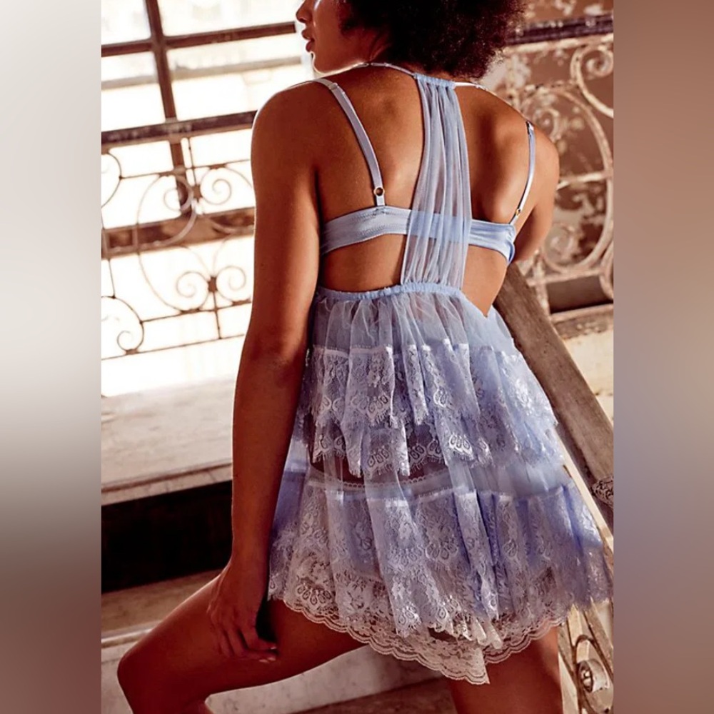 Free People Sheer Lace Babydoll Camisole/ Nightdress in Light Blue